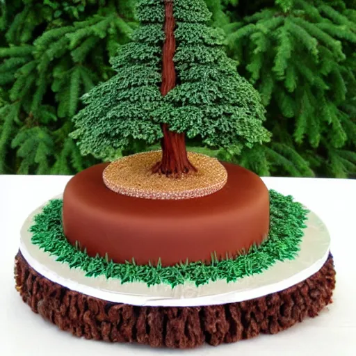 Prompt: Birthday cake with Cedar tree in background, detailed, exciting