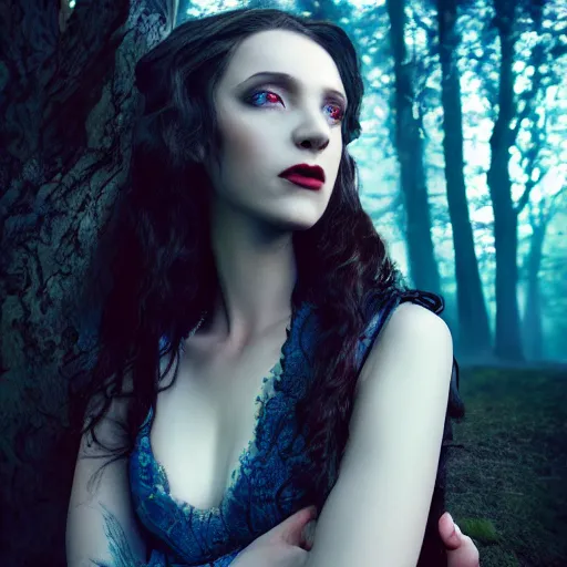 Prompt: charismatic regal aristocratic brunette female vampire, portrait, at highgate cemetery, atmospheric lighting, painted, intricate, mist, cold, volumetric lighting, beautiful, blue tint, moon light, sharp focus, ultra detailed, by leesha hannigan, ross tran, thierry doizon, kai carpenter, ignacio fernandez rios