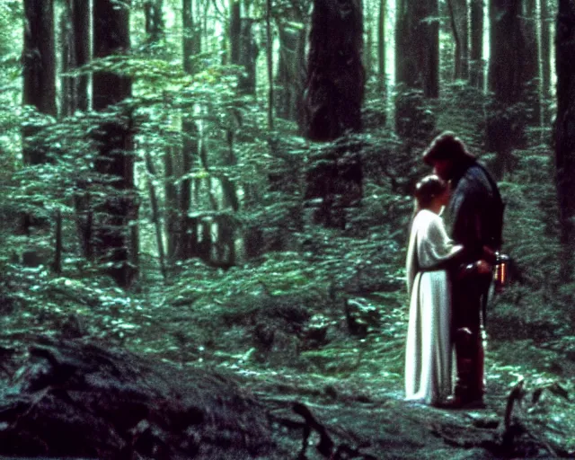 Image similar to luke skywalker, princess leia and han solo hugging and kissing in the forest of endor at the end of return of the jedi, faster, more intense, dolby stereo