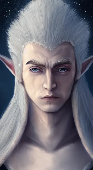 Prompt: the prince of frost standing alone in his court, single person, archfey, head and shoulders portrait, fantasy, white hair, blue skin, wild eyebrows, young adult, elf, crown, hard edges, soft lighting, professional lighting, trending on artstation