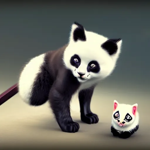 Prompt: cute kitten with panda body and cat face, in a kimono, holds a sword, by greg rutkowski, highly detailed, octane render, 4 k