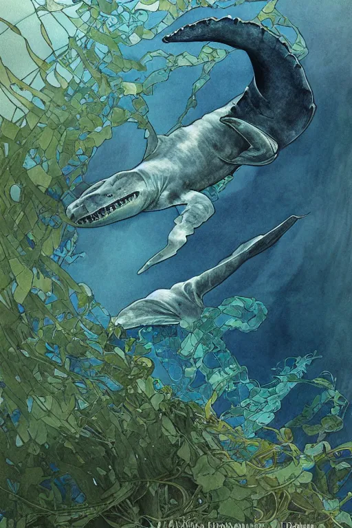 Prompt: a plesiosaur swimming in kelp in sinister green and blue lake, water color, art by artgerm and greg rutkowski and alphonse mucha and jin xiaodi and anthony devine