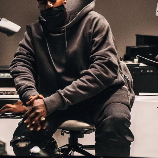Image similar to a photo of Kanye West wearing a mask in the studio, 8K concept art, shot on IPhone 6, slightly blurry