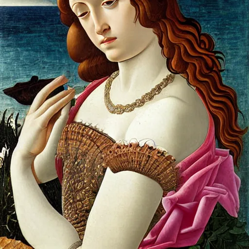 Image similar to an ultradetailed mythological oil painting of a beautiful woman with long brown hair, full body, wearing pink floral chiton, sleeping on a giant scallop shell, near the seashore, intricate lines, elegant, renaissance style, by sandro botticelli