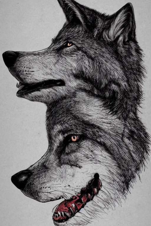 Prompt: Psychotic crisis portrait of a wolf head