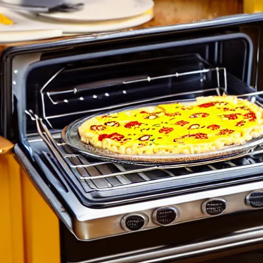 Prompt: an oven with a spongebob pie cooking inside