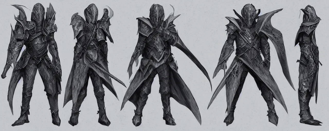 Prompt: A character sheet of a dragon hunter in full grey scales armor and hood that hides his face with masks hanging from his belt, concept art, anime, Highly Detailed.