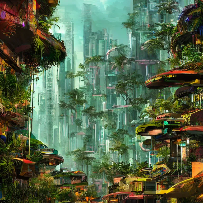 Prompt: cyberpunk visor, cyberpunk buildings in the tropical forest, wild jungles with organic housing, cyberpunk, high - quality surreal painting
