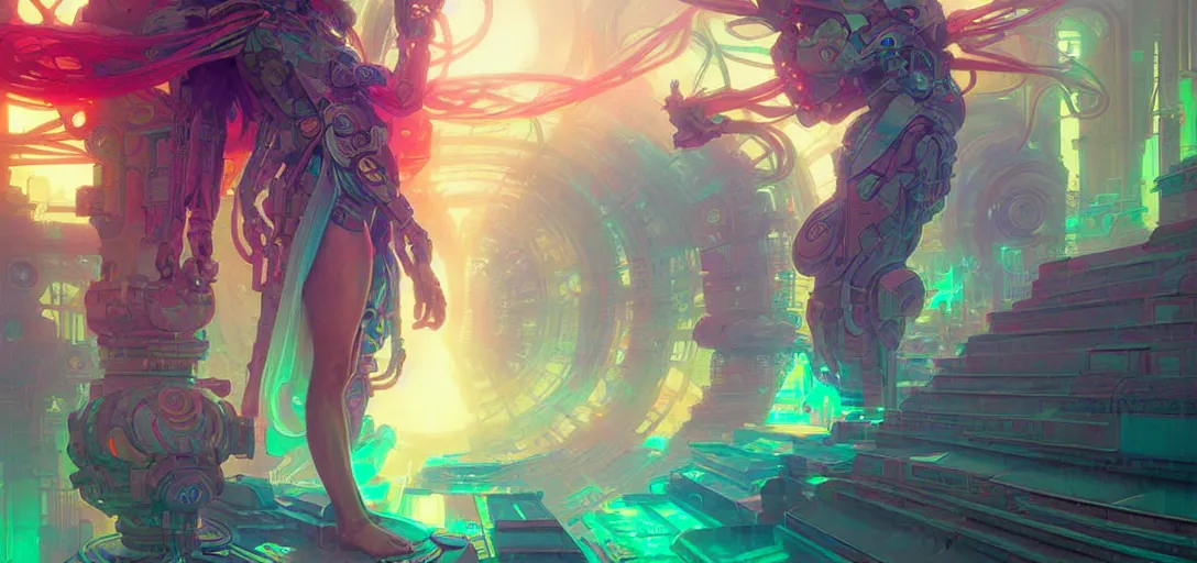 Image similar to a cybernetic temple, vaporwave aesthetic, colorful, psychedelic, digital painting, artstation, concept art, smooth, sharp focus, illustration, art by artgerm and greg rutkowski and alphonse mucha