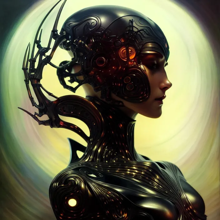 Image similar to organic cyborg, black plastic, diffuse lighting, fantasy, intricate, elegant, highly detailed, lifelike, photorealistic, digital painting, artstation, illustration, concept art, smooth, sharp focus, art by john collier and albert aublet and krenz cushart and artem demura and alphonse mucha