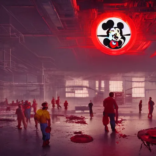 Image similar to a giant mickey mouse head, factory floor, surrounded by factory workers, octane render, cgstation, 3 d render, very detailed, mindblowing, blood and guts, gritty, cyberpunk, red and cinematic lighting, hyper realism