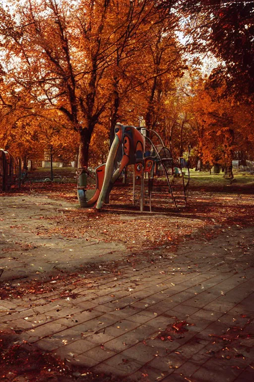 Image similar to a lomographic photo of abandoned playground of moscow, autumn, cinestill, bokeh