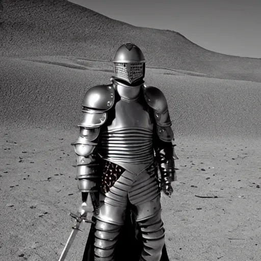 Prompt: a knight wearing silver plate armor, brigandine, DOOM inspired, in the desert, arriflex 35