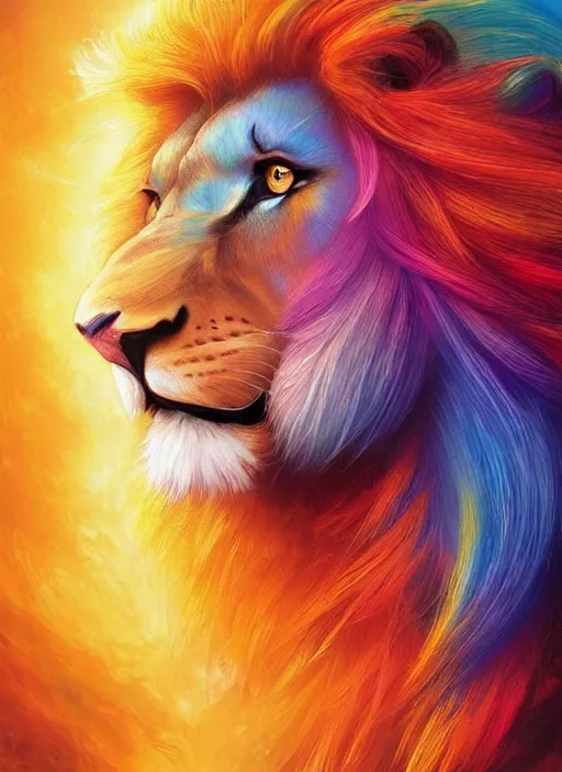 Prompt: portrait of lion with rainbow mane styled like rainbow dash, digital art by eugene de blaas and ross tran, vibrant color scheme, intricately detailed, in the style of romanticism, cinematic, artstation, greg rutkowski