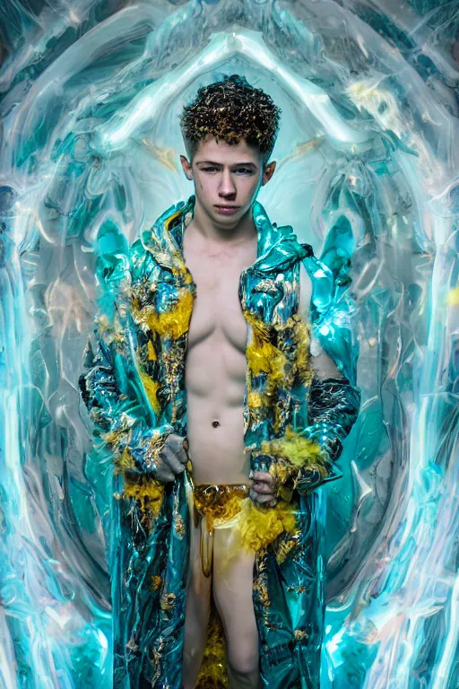 Prompt: photo of fullbody rococo and cyberpunk delicate neon crystalline sculpture of seductive muscular onyx albino marble prince nick jonas teal iridescent humanoid deity wearing yellow plastic hooded cloak holding an onyx skull in a onyx space dungeon, reclining, glowing yellow face, crown of white diamonds, cinematic lighting, photorealistic, octane render 8 k depth of field 3 d