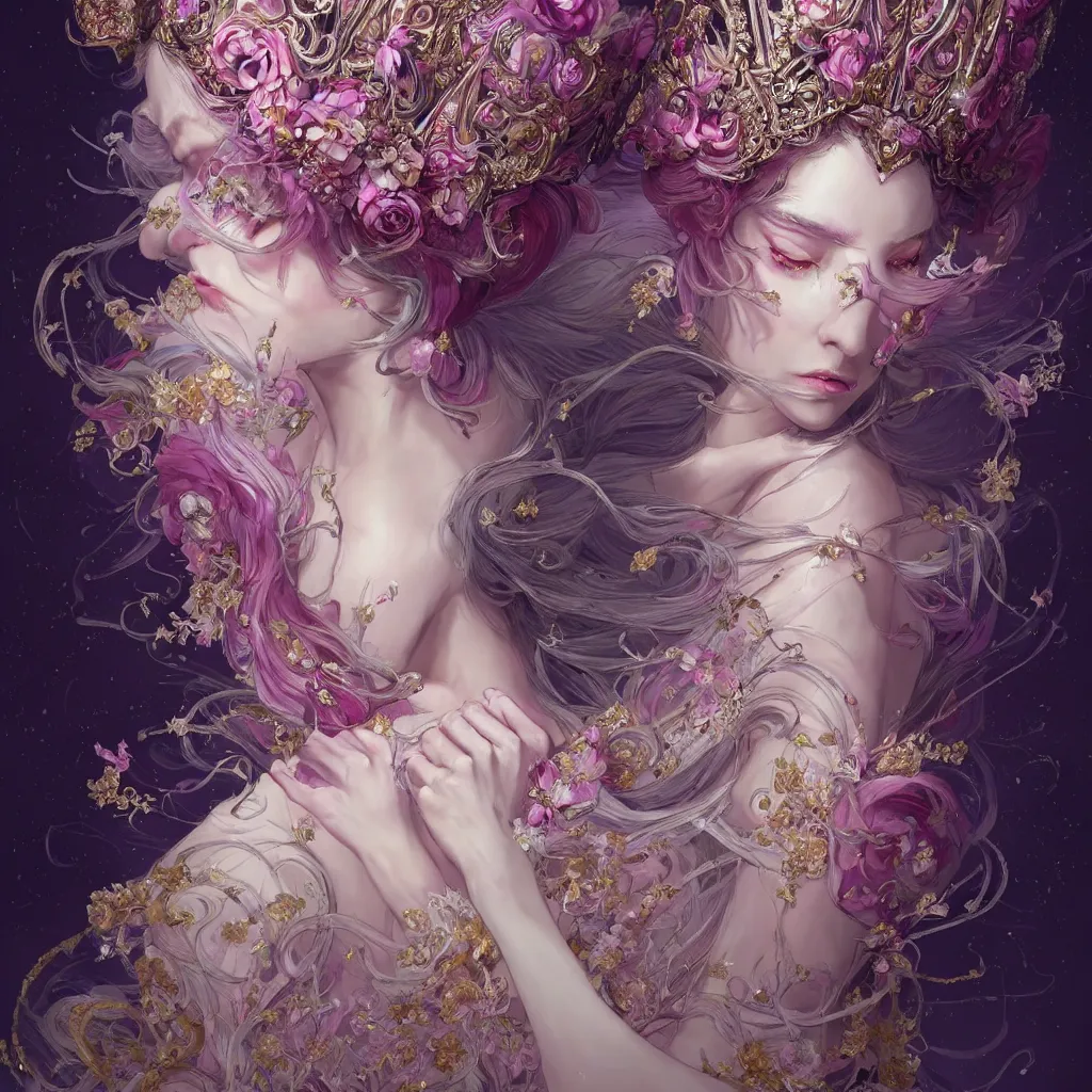 Prompt: A beautiful fantasy empress, highly detailed full body, breathtaking flower tiara, gorgeous aristocrat robe, beautiful figure, epic composition, ultra wide-shot, dynamic pose, concept art, beautifully lit, digital illustration, character design, ((sharp focus)), elegant, intricate, artstation, by WLOP and James Jean and Victo Ngai and Ryohei Hase