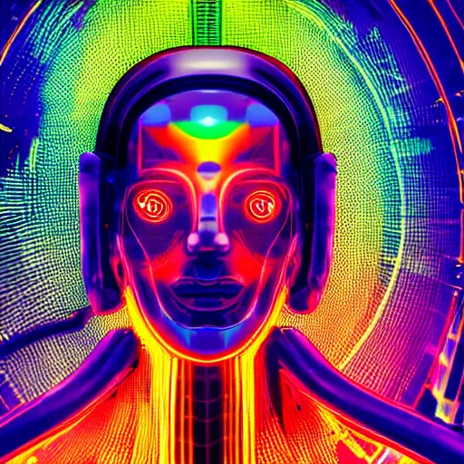 Image similar to hyperdetailed portrait of a cyberpunk futurism robot head, 8 k, glowing wires and tubes, symetrical, flourescent colors, halluzinogenic, realistic, black background