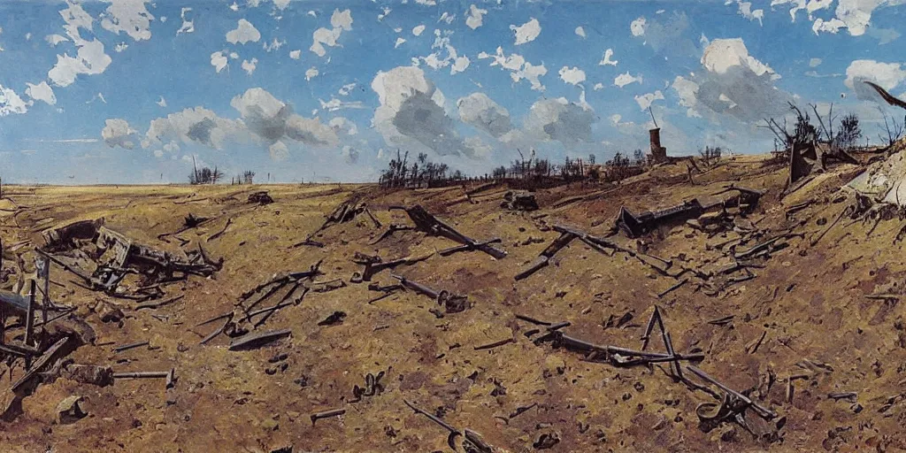 Image similar to aftermath of a battle on the Eastern Front, WW2, sunny day, craters and trenches, painting by Isaac Levitan