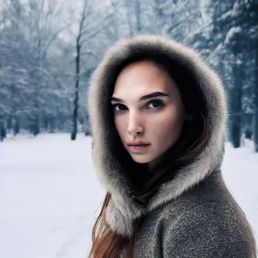 Image similar to a masterpiece portrait photo of a beautiful young woman who looks like an eskimo gal gadot, symmetrical face, random background scene