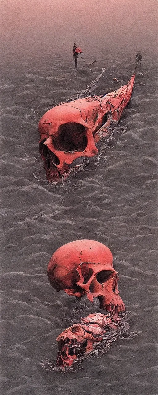 Image similar to dead river, dead fish, skull, poland, red color, highly detailed, 8 k, artstation, beutifull, masterpiece by beksinski