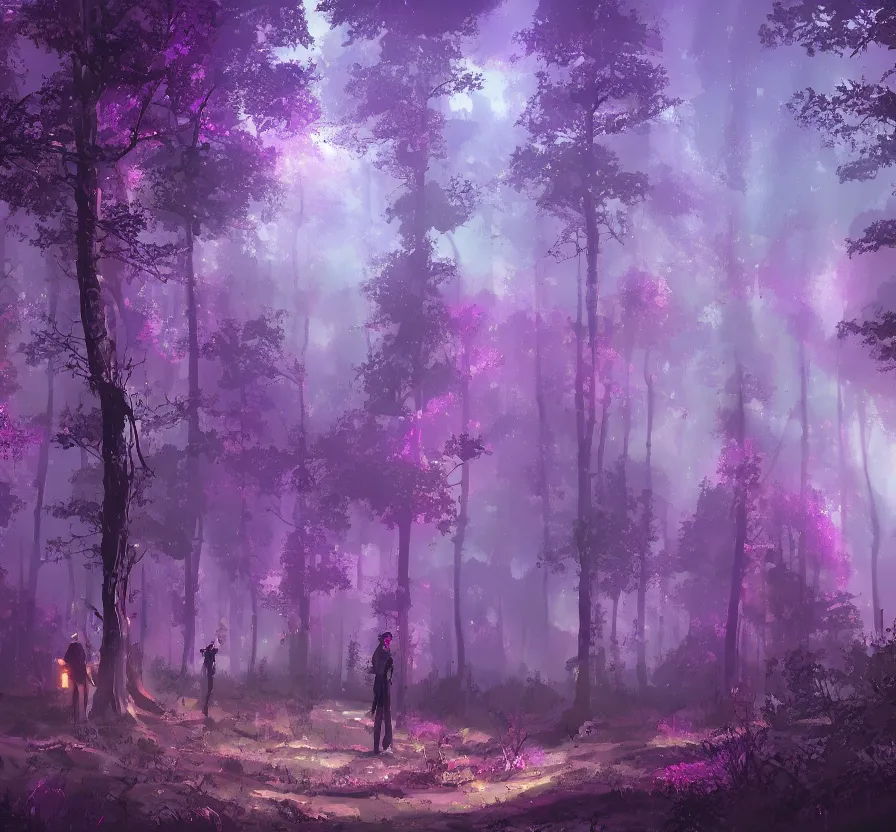 Prompt: purple futuristic solder on forest landscape, acrilic paint, brush paint, heavenly atmosphere, paint, ultra detailed, beautiful image, resolution, artstation