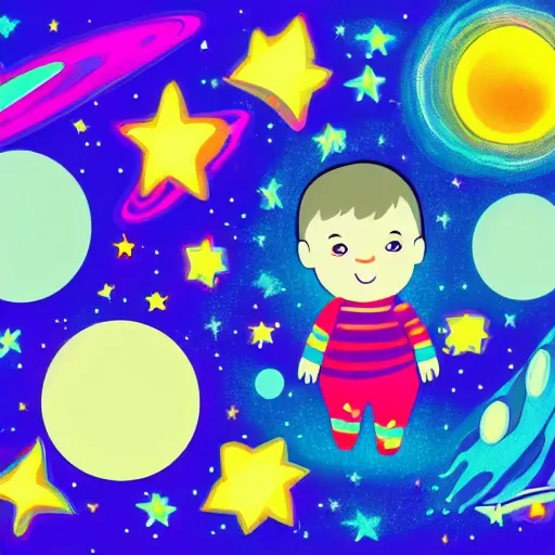 Image similar to lonley and gloomy baby in middle of space surrounded by colorful stars planets and galaxies, grainy design, high quality, 4 k, award winning