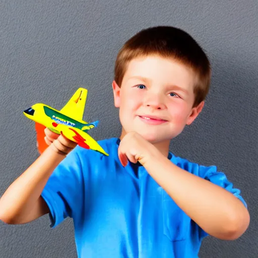 Prompt: boy holding airplane toy in his hand. hands, face, fingers. detailed, realistic, photorealistic.