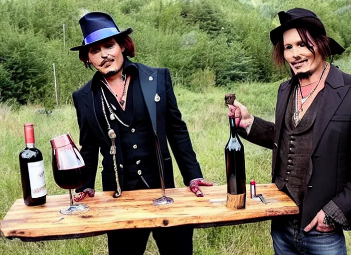 Image similar to jonney depp selling mega pints of wine at a makeshift wood stand, realistic, detailed