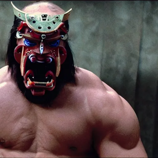 Image similar to fierce big muscular samurai wearing a cybernetic oni mask, movie still