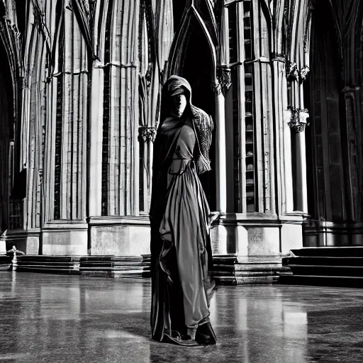 Image similar to black and white movie shot, landcape, architectural shot, no decaying lines, background of an alabaster gothic cathedral, with long ephimeral windows with reflection of flames, as subject a gothic woman with an intricate arabesque detailed black dressed, macro head face