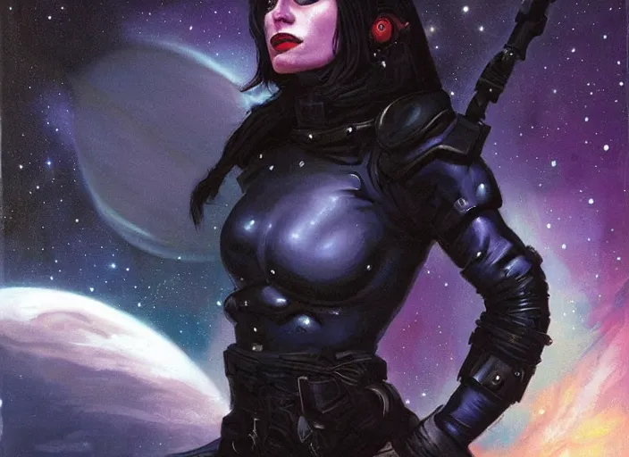 Image similar to portrait of female space pirate, night sky background, beautiful! coherent! by brom, deep color, strong line, high contrast