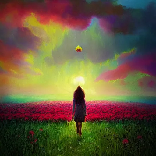 Prompt: giant flower as a head, girl walking in flower field, surreal photography, sunrise, dramatic light, impressionist painting, colorful clouds, digital painting, artstation, simon stalenhag