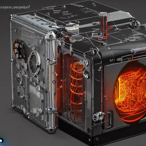 Prompt: portable thermonuclear time machine, pelican case, cyberpunk, steampunk, lots of wires and dials, microwave, carbon and perspex exoskeleton. hyper detailed, photography, photorealism, octane render, 8K