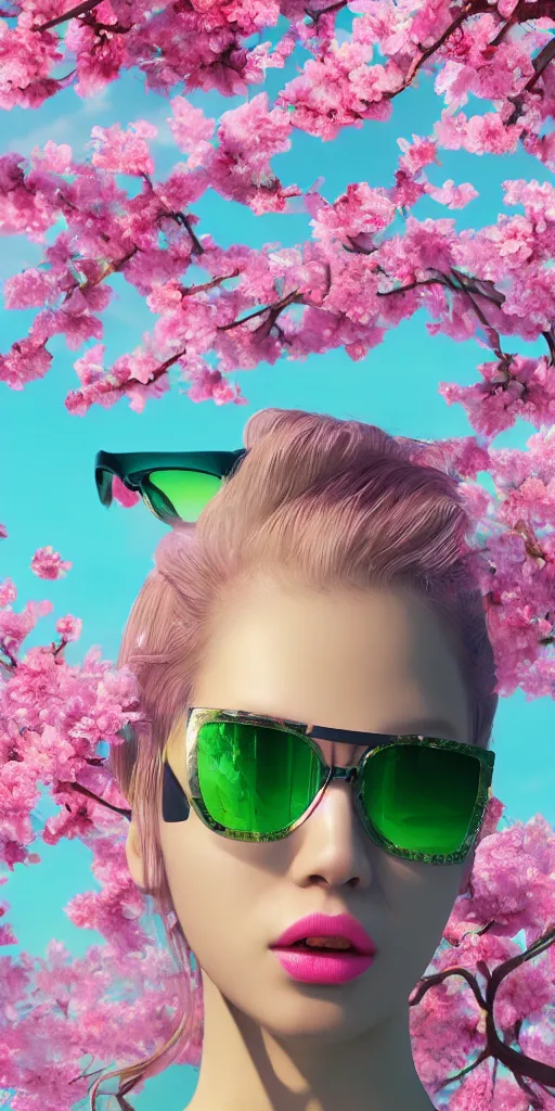 Prompt: 3 d close - up, water, blossom sakura, fashion model in sunglasses, pink clouds background, green snakes, hyper detailed, photo realistic, vouge style photo, artwork by tooth wu and wlop and beeple and greg rutkowski