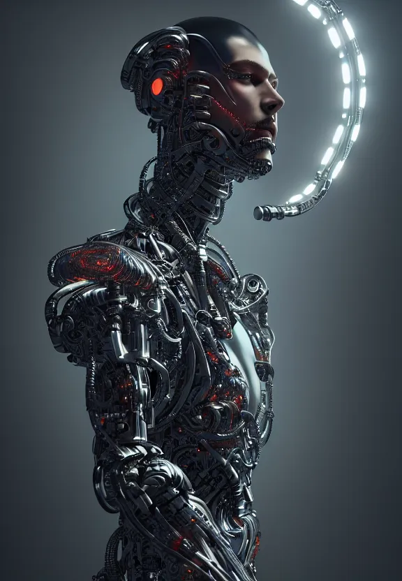 Image similar to ultra realist intricate detailed painting of a single attractive cyborg male, neon scales and cyborg tech, model pose, art by vitaly bulgarov and nivanh chanthara, hyperrealistic, soft lighting, octane render