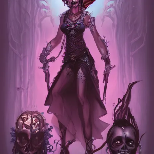 Image similar to a beautiful feminine necromancer raising the dead, illustration, skulls, character design by nixeu, artstation, 2 d cg