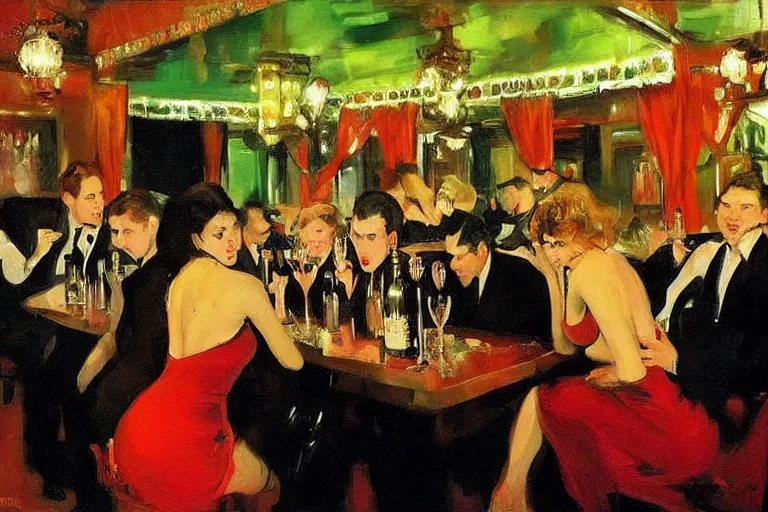 Image similar to glam rockers drinking wine, inside a green saloon with red lights by joaquin sorolla, phil hale, extremely detailed