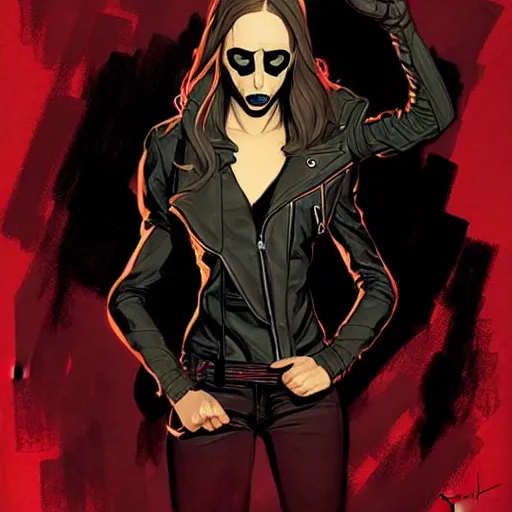 Image similar to rafael albuquerque comic art, peter mohrbacher, steve niles, artgerm, pretty taissa farmiga witch, symmetrical eyes, black leather jacket, jeans, long blonde hair