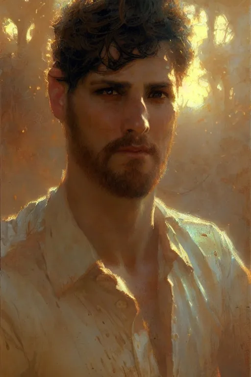 Prompt: attractive man, disco elysium, painting by gaston bussiere, craig mullins