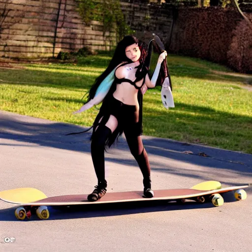 Image similar to Meru The Succubus riding a skateboard