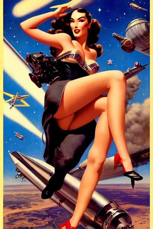 Image similar to beautiful megan fox retro space varga girl riding a rocket in a diesel punk city, windblown dark hair, retro pinup model, seductive, 1 9 4 0, glamour pose, intricate, smoke, hyper detailed, digital art, smooth, sharp focus, alberto vargas, gil elvgren, greg rutkowski, propaganda poster