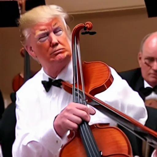 Prompt: donald trump playing the violin in a classical orchestra