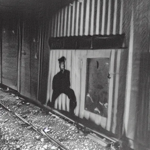 Image similar to the disembodied spirit of a dangerous railroad worker, Boxcar on the railroad, Cinematic, 35mm, film still from a horror movie