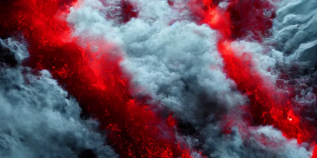 Image similar to a churning, boiling red sea with lots of smoky black and red steam, fantasy digital art, octane render, beautiful composition, trending on artstation, award-winning photograph, masterpiece