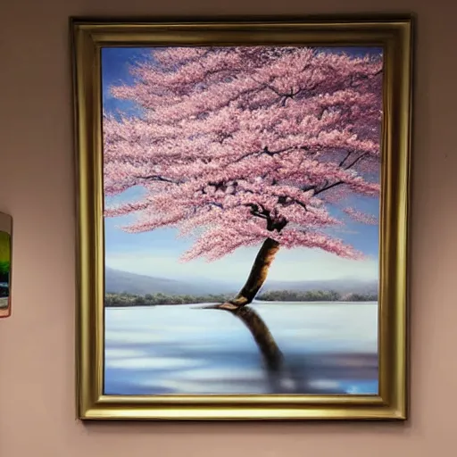 Image similar to a sculpture of sakura tree on the table, hyperrealism oil painting