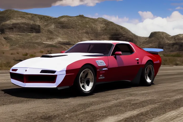 Image similar to updated sleek concept for a firebird trans am, cinematic, photoreal, by red dead redemption 2