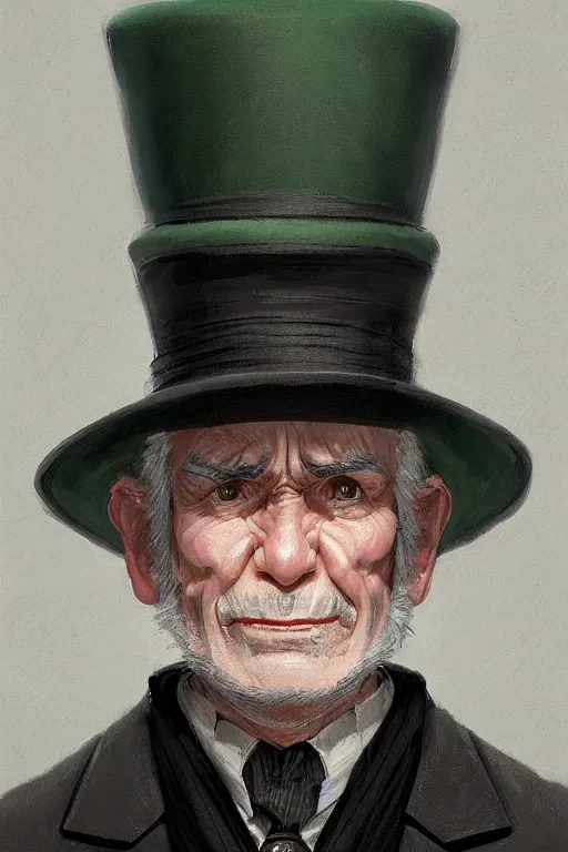 Image similar to a grey hair old halfling with no beard and green eyes wearing a black top hat and suit by Greg Rutkowski, painting, portrait, HD, high details, trending on artstation