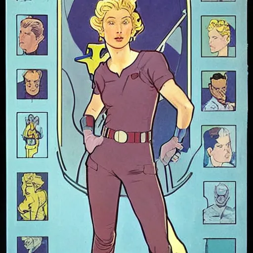 Image similar to a stoic heroic butch tomboy dirty injured blonde emotionless woman engineer, with very short slicked - back hair. she is dressed as a spaceship mechanic. well composed, clean elegant painting, beautiful detailed face. comic book art by steve ditko and jack kirby and ( alphonse mucha )