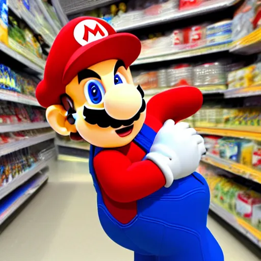 Image similar to Mario shopping in Walmart, highly detailed, high quality, HD, 4k, 8k, Canon 300mm, professional photographer, 40mp, lifelike, top-rated, award winning, realistic, sharp, no blur, edited, corrected, trending