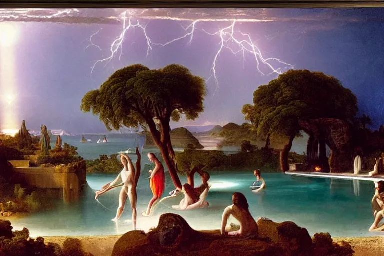Prompt: The chalice of the occult, refracted moon sparkles, thunderstorm, greek pool, beach and Tropical vegetation on the background major arcana sky and occult symbols, by paul delaroche, hyperrealistic 4k uhd, award-winning, very detailed paradise